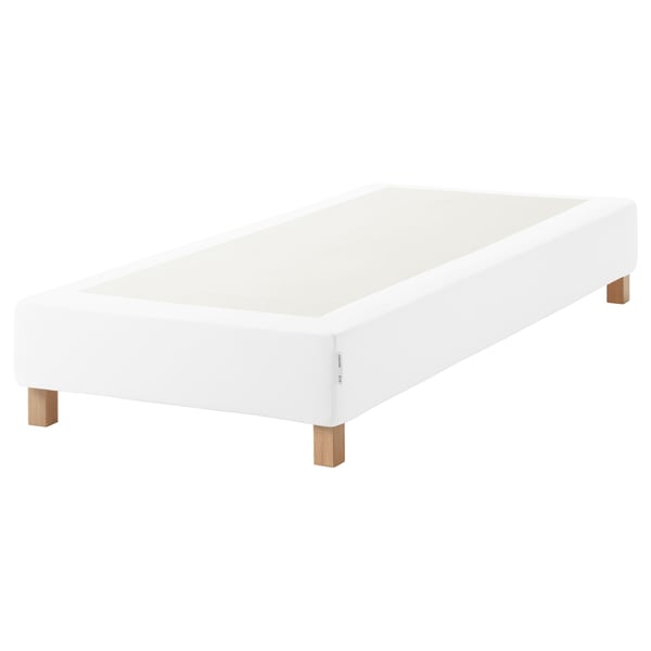 White ESPEVÄR bed base, upholstered with wooden legs, rectangular.