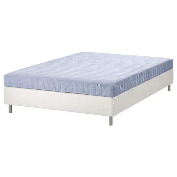 Light blue & white mattress set on white frame with metal legs.