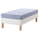 Option: White bed with light blue mattress, wooden legs, firm support, soft top layer.