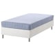 Option: A white upholstered bed with a blue mattress, firm bonnell spring support.