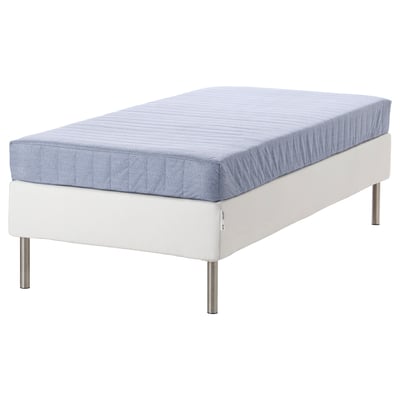Espevar/vadsö white bed base with blue foam mattress, supportive and breathable.