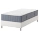 Option: White IKEA twin bed with blue-gray mattress, rectangular, quilted top, metal legs.