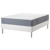 White metal bed frame with blue and white mattress, pocket springs, cotton cover.
