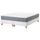 Option: A rectangular, white espevar bed base with a blue-gray mattress, featuring wooden legs and quilted design.