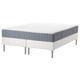 Option: Modern white bed frame with gray mattress, stainless steel legs, minimalist design.