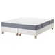Option: An ESPEVÄR/VESTMARKA mattress on a white bed base. The mattress is white and blue with a quilted edge. It uses bonnell springs for support.