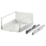 A white EXCEPTIONELL push-to-open kitchen drawer with built-in dampers and metal runners. It a minimalist handle-free design.