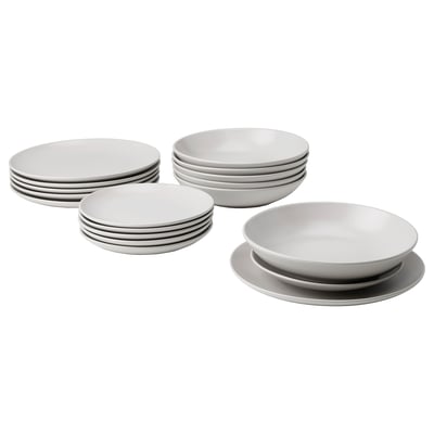 FÄRGKLAR set: 12 white plates and bowls. Simple, modern design. Matte stoneware, round shapes. Ideal for varied meals.
