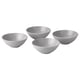 Four matching grey ceramic bowls, minimally designed, arranged in a diamond formation against a white background.