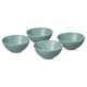 Four light blue, round, ceramic bowls sit together, featuring a simple, smooth design and uniform shape with a matt glazed finish.