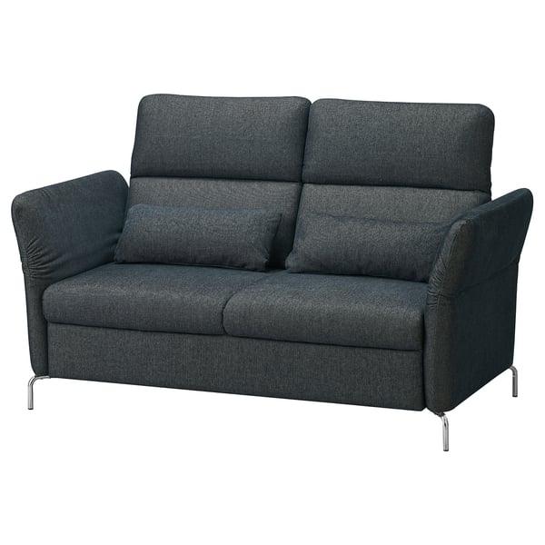 Modern grey FAMMARP sofa, upholstered in dark fabric with adjustable headrests and armrests, sleek chrome legs.