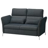 Modern grey FAMMARP sofa, upholstered in dark fabric with adjustable headrests and armrests, sleek chrome legs.
