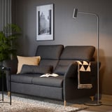 Modern living room with gray FAMMARP sofa, black and white throw, tall floor lamp, beige pillows, and black picture frame on dark wall.