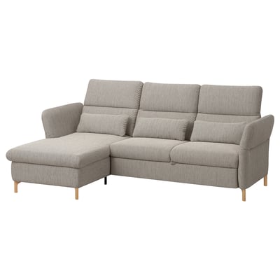 A grey FAMMARP sectional sofa with adjustable headrests, wooden legs, and a cozy corner design. It has a modern, comfortable look.