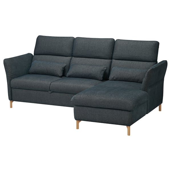 A dark blue FAMMARP sectional sofa with adjustable headrests and wooden legs.