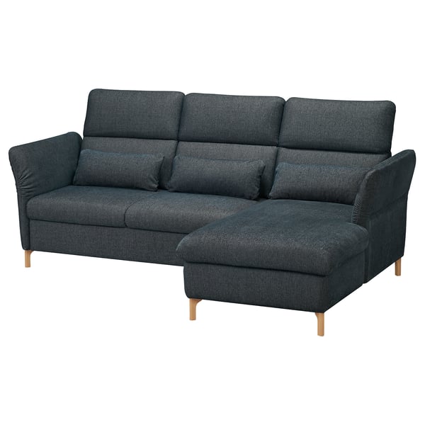 FAMMARP navy sofa with gray patterns, wooden legs, adjustable headrests, l-shaped for comfort.
