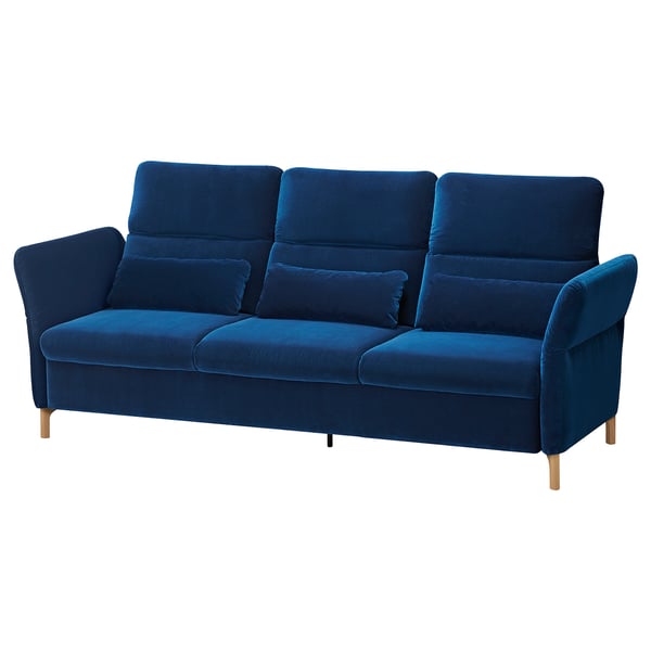 Blue FAMMARP sofa, velvet, deep cushions, adjustable headrests and arms, wooden legs.