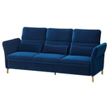 Blue FAMMARP sofa, velvet, deep cushions, adjustable headrests and arms, wooden legs.
