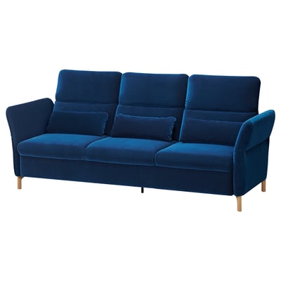 Blue FAMMARP sofa, velvet, deep cushions, adjustable headrests and arms, wooden legs.
