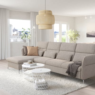 Modern grey FAMMARP sofa with adjustable in living room, coffee table, large window.