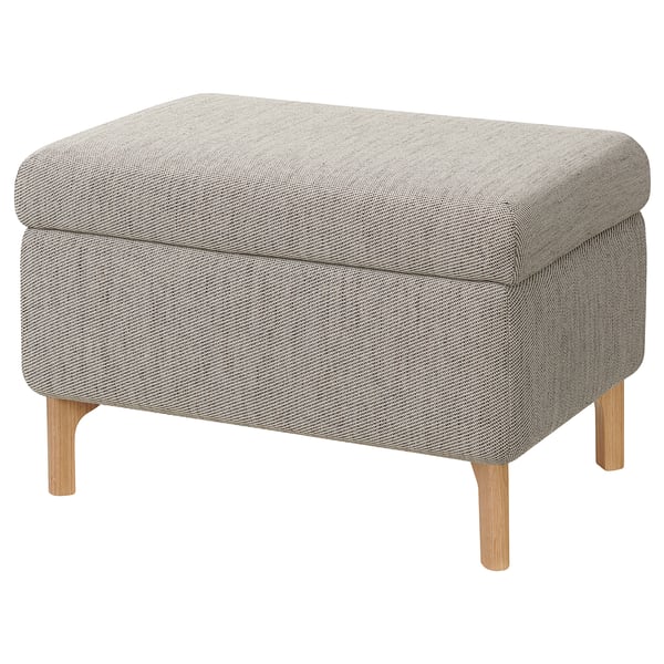 Gray FAMMARP footstool, tweed-like fabric, square, wooden legs.
