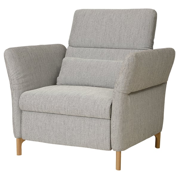 FAMMARP grey armchair, patterned fabric, wooden legs, adjustable headrest, comfortable design.