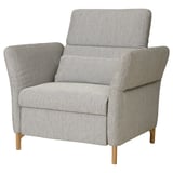 FAMMARP grey armchair, patterned fabric, wooden legs, adjustable headrest, comfortable design.