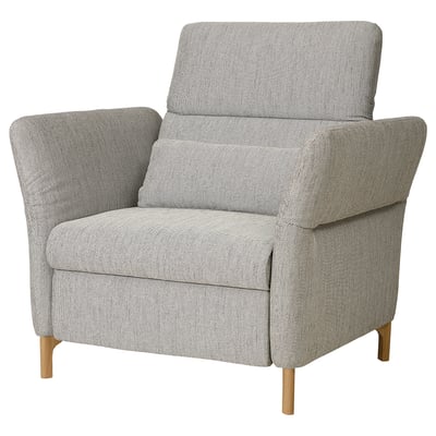 FAMMARP modern armchair, grey tweed fabric, wood legs, adjustable cushion for back support.