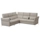 Modern l-shaped sectional sofa with light gray fabric, metal legs, adjustable headrests and armrests.
