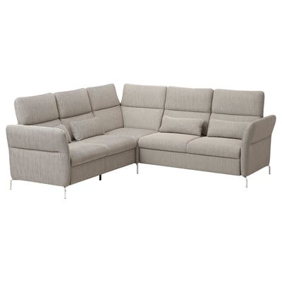 Modern l-shaped sectional sofa with light gray fabric, metal legs, adjustable headrests and armrests.