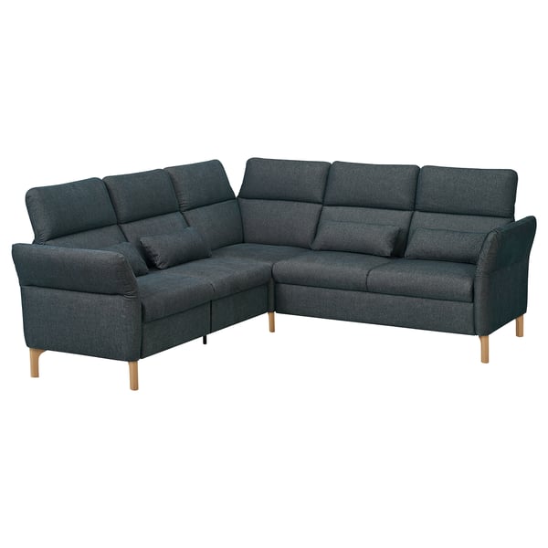 Modern dark grey l-shaped sofa with adjustable cushions and wooden legs.