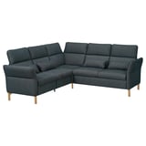 Modern dark grey l-shaped sofa with adjustable cushions and wooden legs.