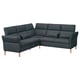 Modern dark grey l-shaped sofa with adjustable cushions and wooden legs.