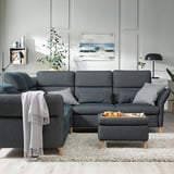 Grey l-shape sofa with pillows, rug, painting, lamp, plant.