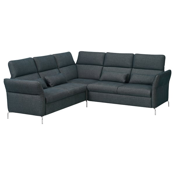 Modern dark grey l-shaped FAMMARP sofa with adjustable headrests and armrests, featuring a sleek design with metal legs.