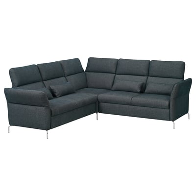 Modern dark grey l-shaped FAMMARP sofa with adjustable headrests and armrests, featuring a sleek design with metal legs.