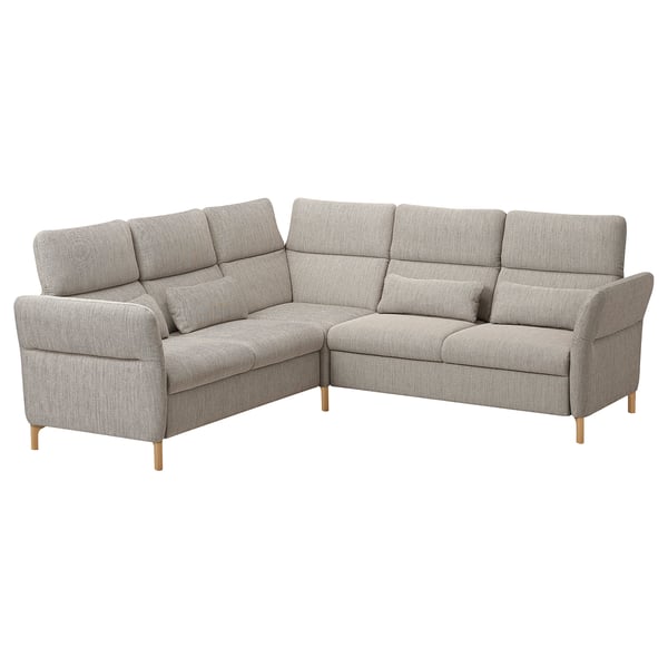 Modern gray l-shaped sofa with adjustable headrests, wooden legs, and patterned fabric.