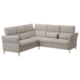 Modern gray l-shaped sofa with adjustable headrests, wooden legs, and patterned fabric.