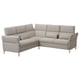 Modern gray l-shaped sofa with adjustable headrests, wooden legs, and patterned fabric.
