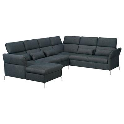 Dark grey sectional sofa with adjustable head & armrests, durable fabric.