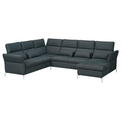 Image shows FAMMARP l-shaped dark grey sofa with adjustable headrests for comfort.