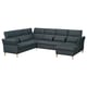 Dark grey, l-shaped fabric sofa with wooden legs, adjustable cushions, modern design.