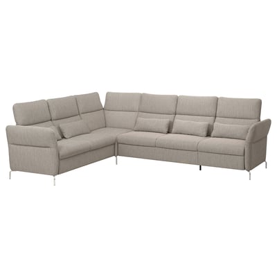Modern gray sectional sofa with adjustable headrests and armrests, metal legs, l-shaped, cozy design.