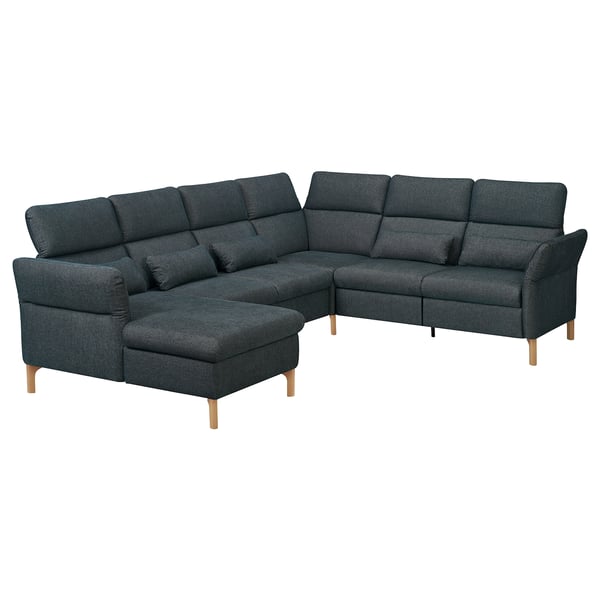 The FAMMARP sectional sofa in dark grey fabric a modern design with adjustable headrests and wooden legs.