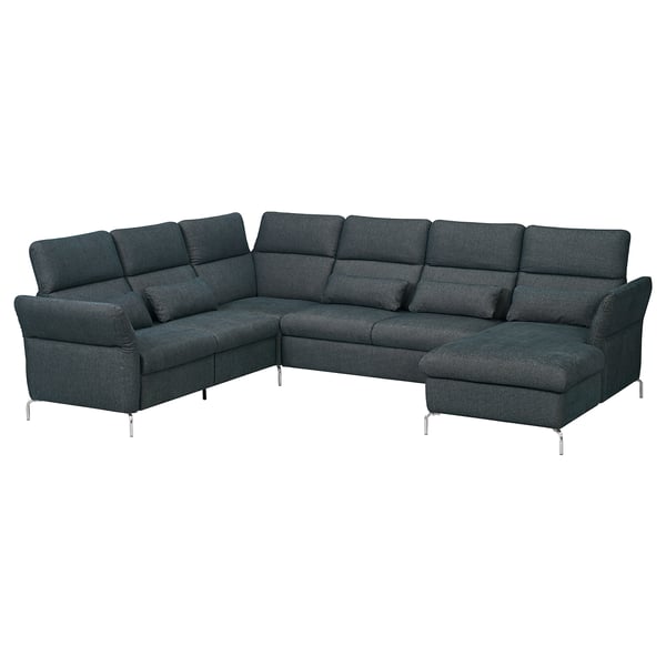 Dark gray sectional sofa, modern design, metal legs, plush cushions.