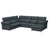 Dark gray sectional sofa, modern design, metal legs, plush cushions.