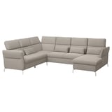 Modern gray sectional sofa with adjustable headrests and armrests, featuring a chaise lounge at the corner.