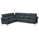 A dark gray, modern l-shaped sectional sofa with adjustable headrests and wooden legs. Its designed for comfort and flexibility.