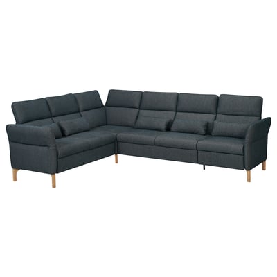 A dark gray, modern l-shaped sectional sofa with adjustable headrests and wooden legs. Its designed for comfort and flexibility.