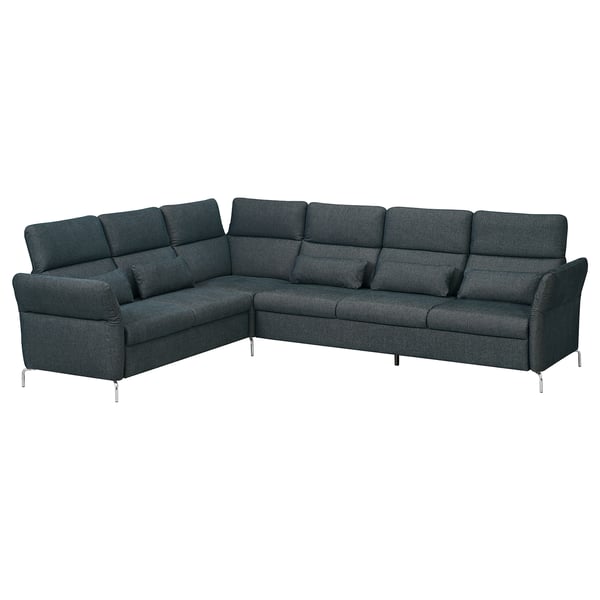 Modern dark grey l-shaped FAMMARP sectional sofa, sleek metal legs, adjustable head & armrests.